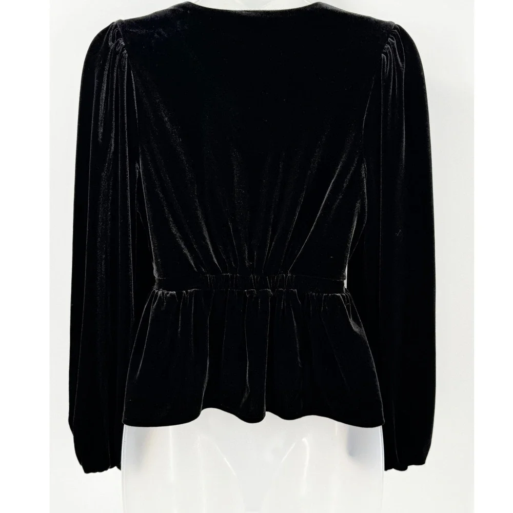 Whimsigoth Black Velvet Peplum Top Buttons Puff Sleeve womens sz XS witchy goth